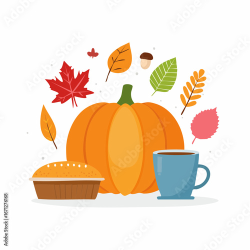 Autumn icon set featuring leaves, pumpkins, acorns, and harvest baskets. Perfect for seasonal design, Thanksgiving, and fall-themed creative projects