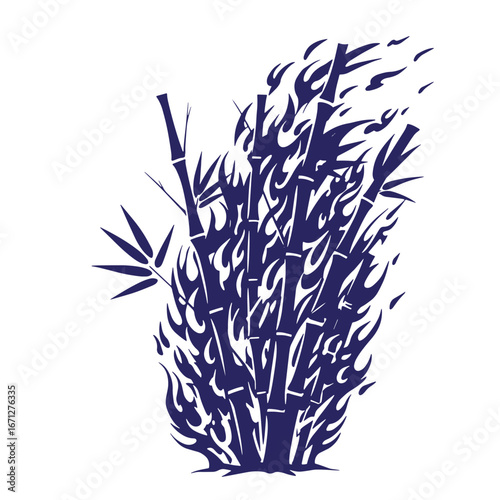 Stylized blue bamboo forest illustration against white background represents nature and serenity