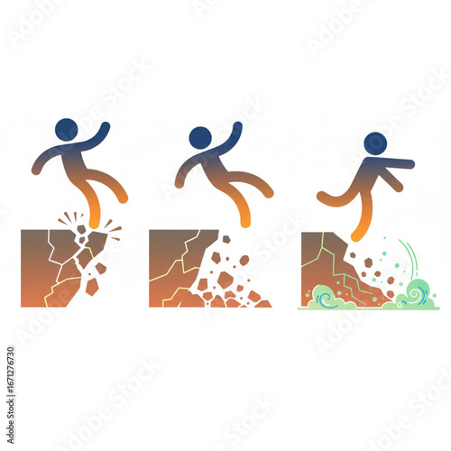 Visual sequence portraying the grave danger and inherent risk of a person falling from a collapsing cliff, detailing the progressive structural breakdown