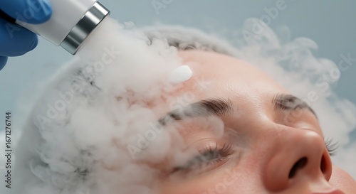 Cryotherapy facial treatment: a woman receives a cooling mist treatment to her face.