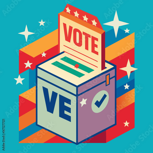 Stylized illustration of a voting booth with the word vote prominently displayed