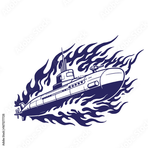 Stylized navy submarine illustration with fire flames on a white background in vector