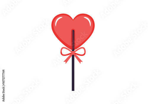 A sweet red heart shaped lollipop decorated with a delicate red bow on a stick perfect for valentines day or a romantic gesture