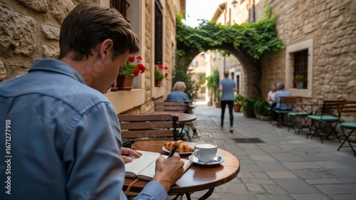 Captivating moment of a young man jotting down his thoughts in a quaint italian café scene, with