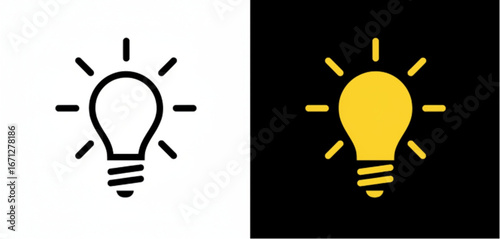 Creative light bulb icon set symbolizing ideas and innovation. Vector lamp graphic in line art and solid yellow, representing energy and solutions