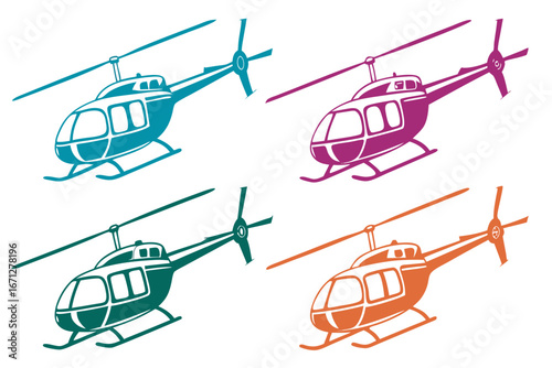 set of colorful Helicopter hovering silhouette vector