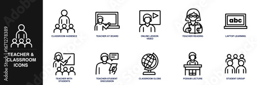 Teacher and Classroom Line Icon Set