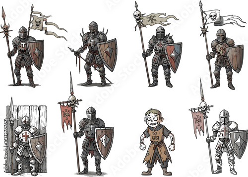 Medieval dark knights with shields and spears, zombie crusaders, armored skeleton warriors, gothic fantasy soldiers, battle ready vector illustration design.