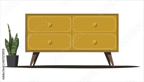 flat modern yellow Scandinavian chest of drawers vector illustration isolated on white background