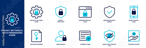 Privacy Settings and Data Permission Blue Colored Outline Icon Set