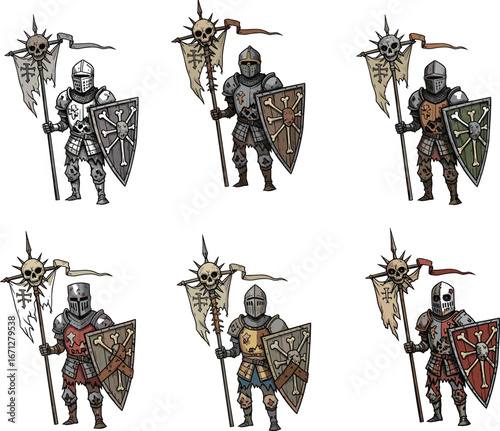 Medieval knight warrior characters with armor, shields, spears, fantasy dark soldiers, gothic crusaders, battle ready fighters illustration vector design.