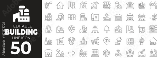 Buildings and Urban Infrastructure set of web icons in line style. City and residential linear icons collection. Containing office, apartment, mall, school, warehouse, bank, shop, tower, skyscraper