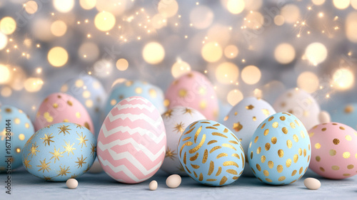 Colorful Easter eggs with gold patterns and pastel colors on soft surface with glowing bokeh lights creating festive and joyful atmosphere