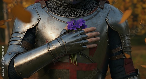Noble knight holds purple flowers in armored hand, representing peace and chivalry in nature setting
