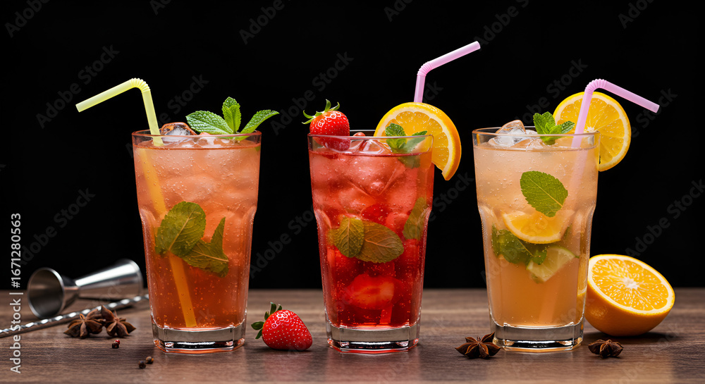 Fototapeta premium A Colorful tropical cocktail drinks garnished with fresh fruit and ice