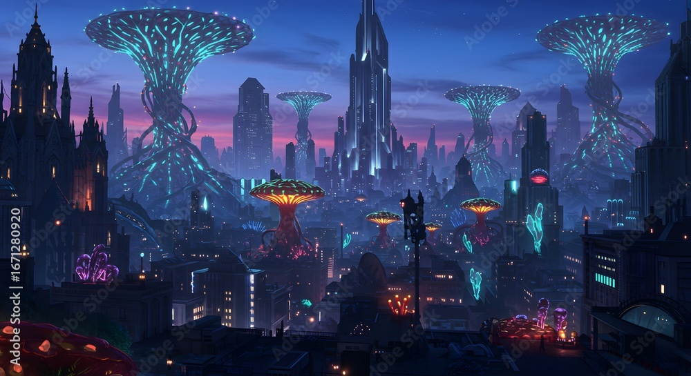 Fototapeta premium Cityscape with Illuminated Sci-fi Structures at Dusk