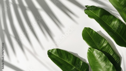 A composition of tropical leaves, arranged with their shadows cast on a plain white background.