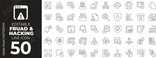 Cybersecurity and Fraud set of web icons in line style. Cyber crime linear icons collection. Containing hacking, security, password, privacy, protection, firewall, virus, spyware, scam