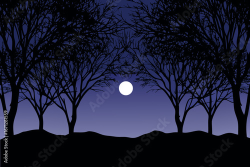 Night scene with full moon shining through silhouetted trees on hill