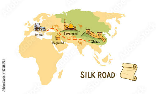 illustration of history and trading, Ancient Silk Road, silk trade with China, The Silk Road was a network of trade routes connecting China and the Far East with the Middle East and Europe