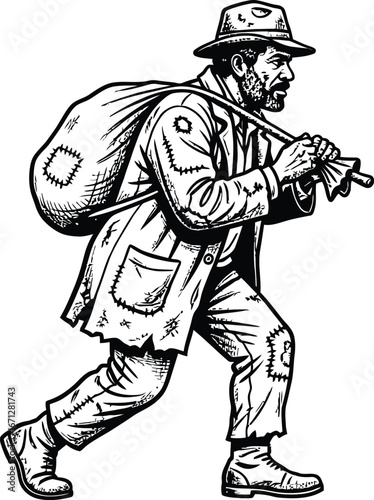 Hobo cartoon illustration of a man with a sack black and white drawing art