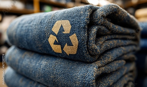 Eco-friendly apparel marked with a recycle symbol, promoting sustainable textiles and encouraging consumers to reject fast fashion for environmental conservation, Generative AI