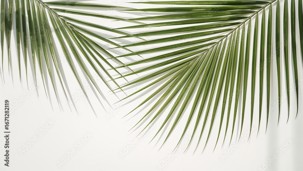 Obraz premium Two vibrant palm fronds create a lush, tropical feel against a plain white background, highlighting the intricate details and shadows cast.