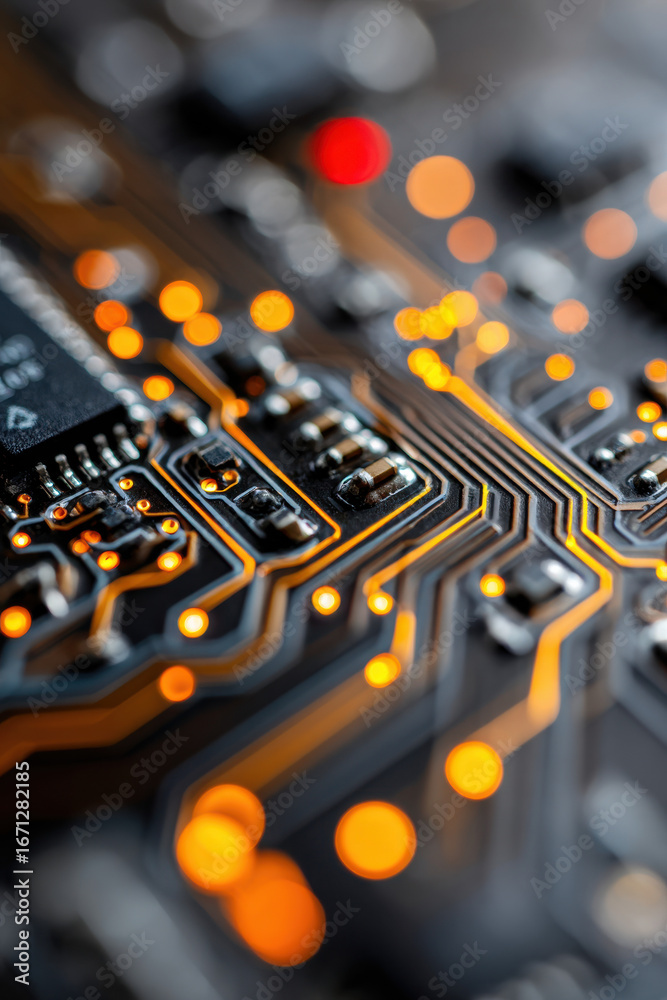 Fototapeta premium Macro of circuit board with glowing paths, tech background
