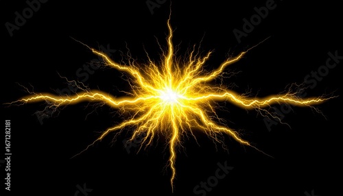 Golden energy burst radiating bright light streaks on black background