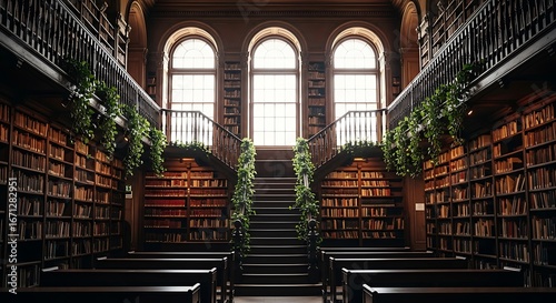 Grand Library Interior with Bookshelves and Plants.