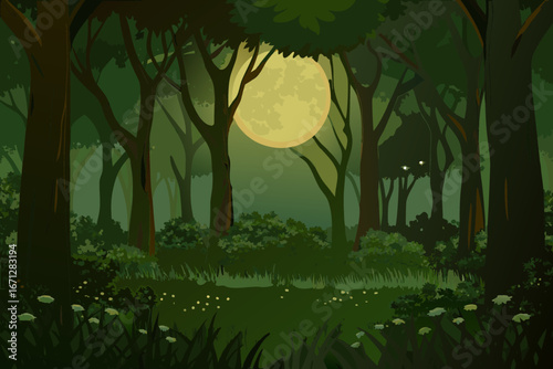 A serene forest landscape under a full moon at nighttime in summer season