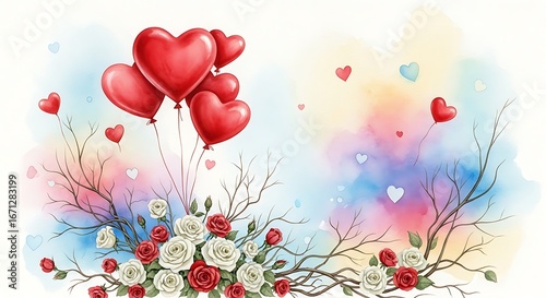 Romantic Watercolor Heart Balloons and Roses.