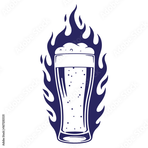 Vector illustration of beer glass surrounded by blue flames isolated on white background