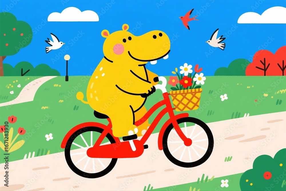 Naklejka premium Happy Yellow Hippo Cycling with Flower Basket on Scenic Park Path
