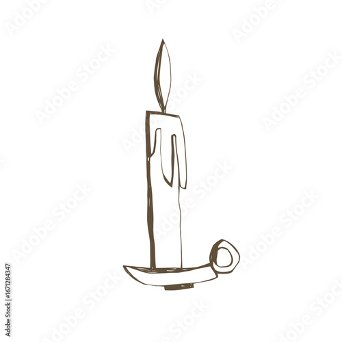 Hand drawn candle with melting wax in candlestick on black background simple sketch illustration