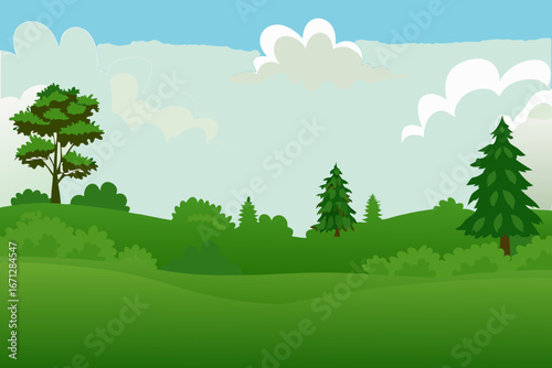 A serene cartoon landscape with rolling hills and trees under a cloudy sky