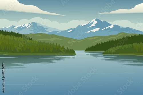 serene mountain landscape with lake and trees under a blue sky