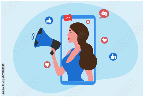 Social media post, blogging. Influencer blogger girl character. Like, share and comment promo. Selfie creative idea. Woman shouting in loud speaker with social media icons. 