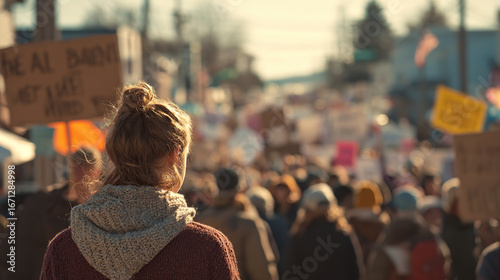 Crowd gathers to advocate for change during peaceful protest in town center on a sunny afternoon