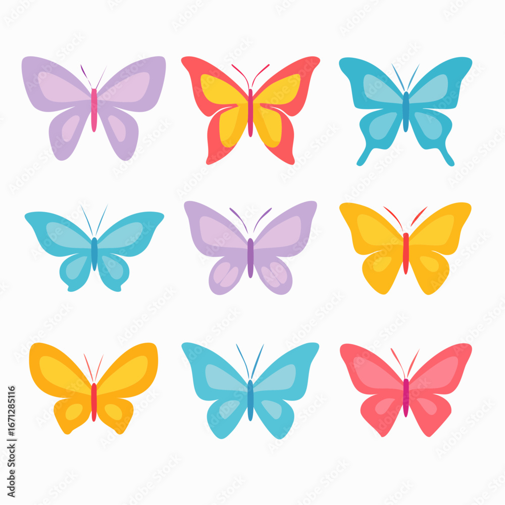 Fototapeta premium Butterfly icon set with colorful wings, silhouette, and abstract forms. Perfect for nature, beauty, spring, and decorative projects in vector flat design. 