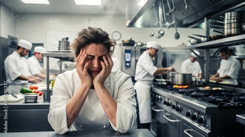 Stressed Chef with Hands on Face in Busy Commercial Kitchen Under Bright Lights Wearing White Uniform Surrounded by Stainless Steel Cooking Equipment