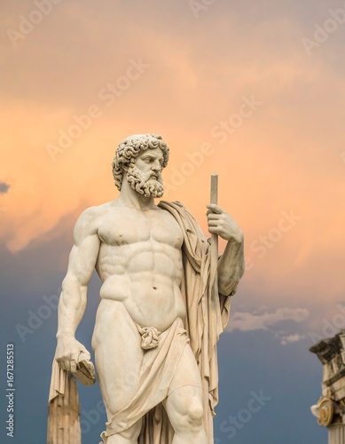Ancient statue of a god, sunset sky