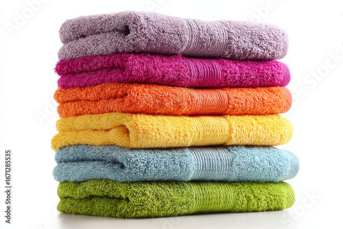 Stack of colorful towels, isolated on white background