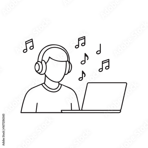 Podcast Day Concept – Simple Black and White Icon of Audio Broadcaster with laptop