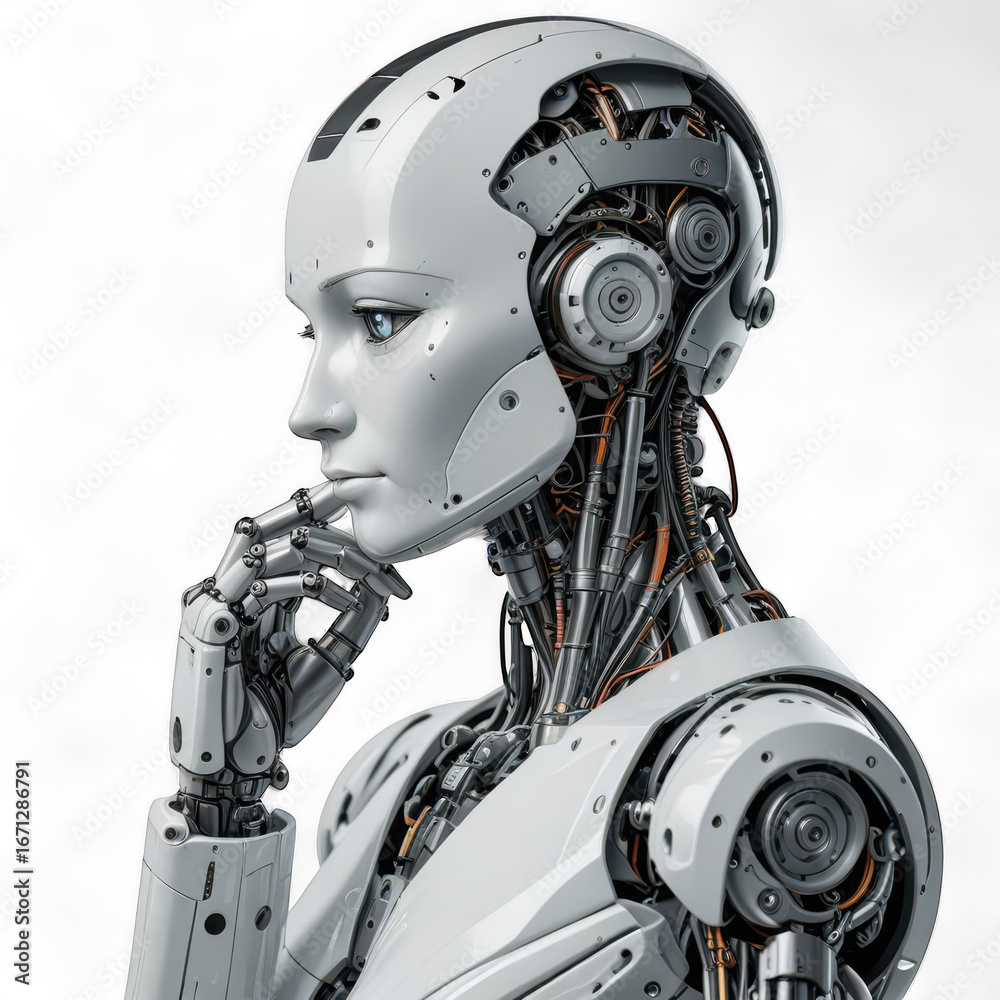 Fototapeta premium A white humanoid robot with exposed mechanics in a thoughtful pose against a black background