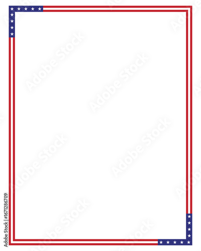 Portrait American flag theme style rectangular square frame or border vertical template USA red blue for independence day document, invitation decorative 4th July patriotic celebrations