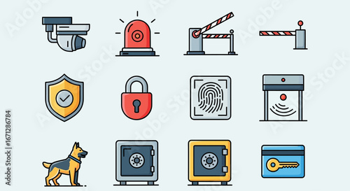 Security System Icons: CCTV, Alarm, Barrier, Lock, Fingerprint, Safe, Dog, Keycard