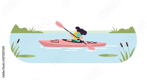 Kayaking woman paddles pink kayak on serene lake w/ vegetation