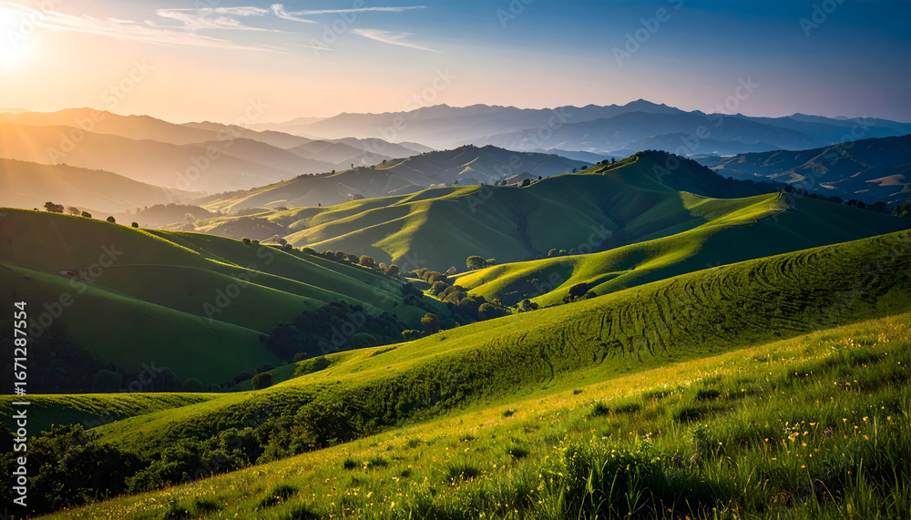 Naklejka premium Sunrise Over Lush Green Rolling Hills