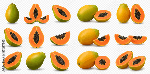 Collection of whole and sliced papayas, showcasing various stages of ripeness and different cutting styles.